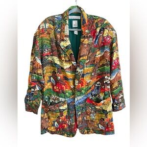 Anne Pinkerton APE Vintage Art Print Blazer Jacket Padded Shoulders Silk M
